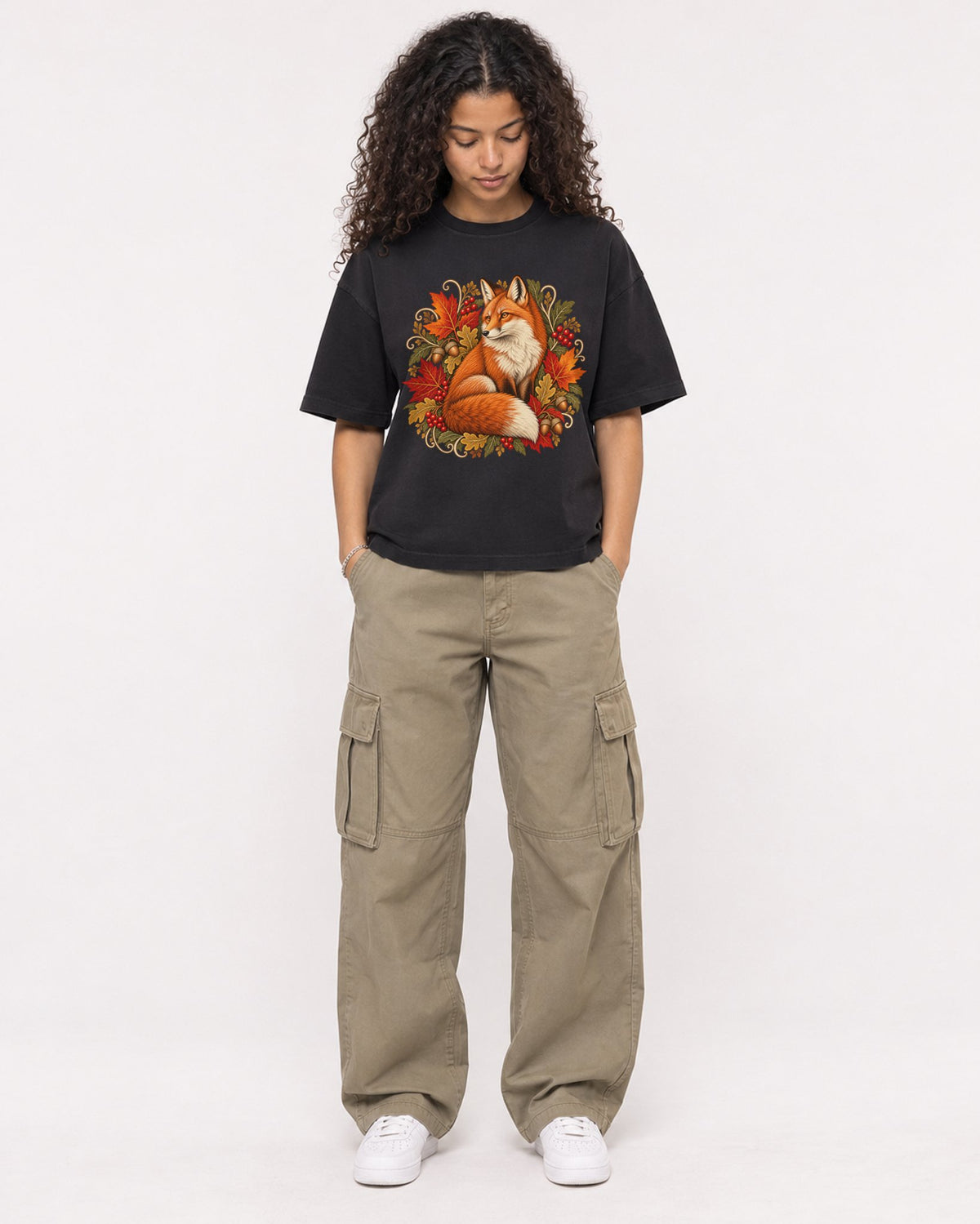 Mockup Boxy Heavyweight Tee Black female full-body 10
