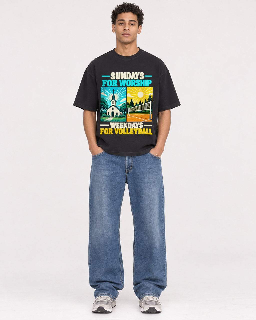 Mockup Boxy Heavyweight Tee Black male full-body 10