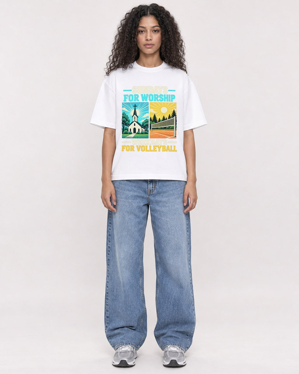 Mockup Boxy Heavyweight Tee White female full-body 10