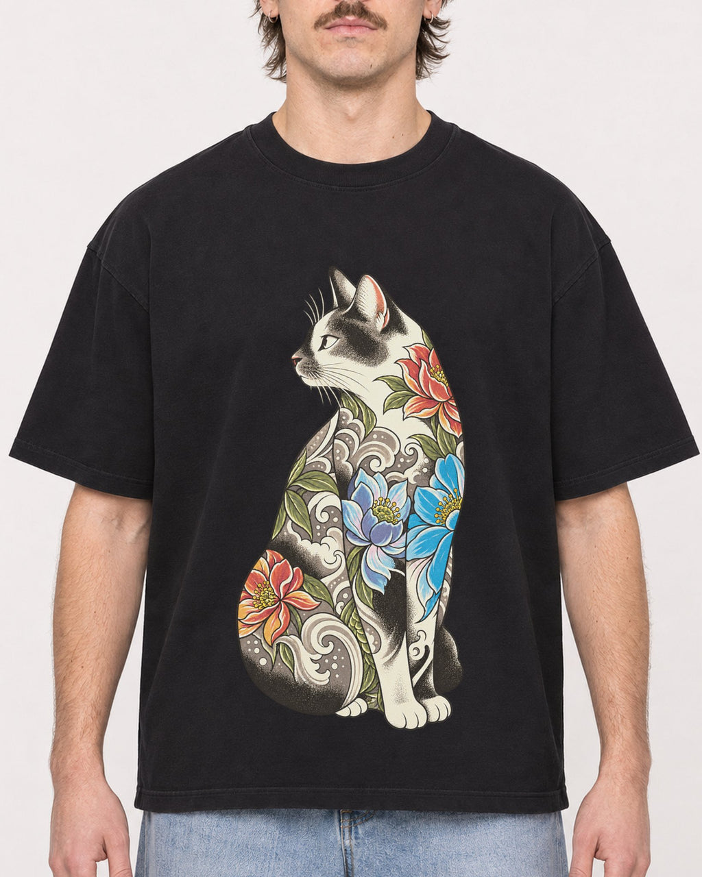Mockup Boxy Heavyweight Tee Black male close-up 29