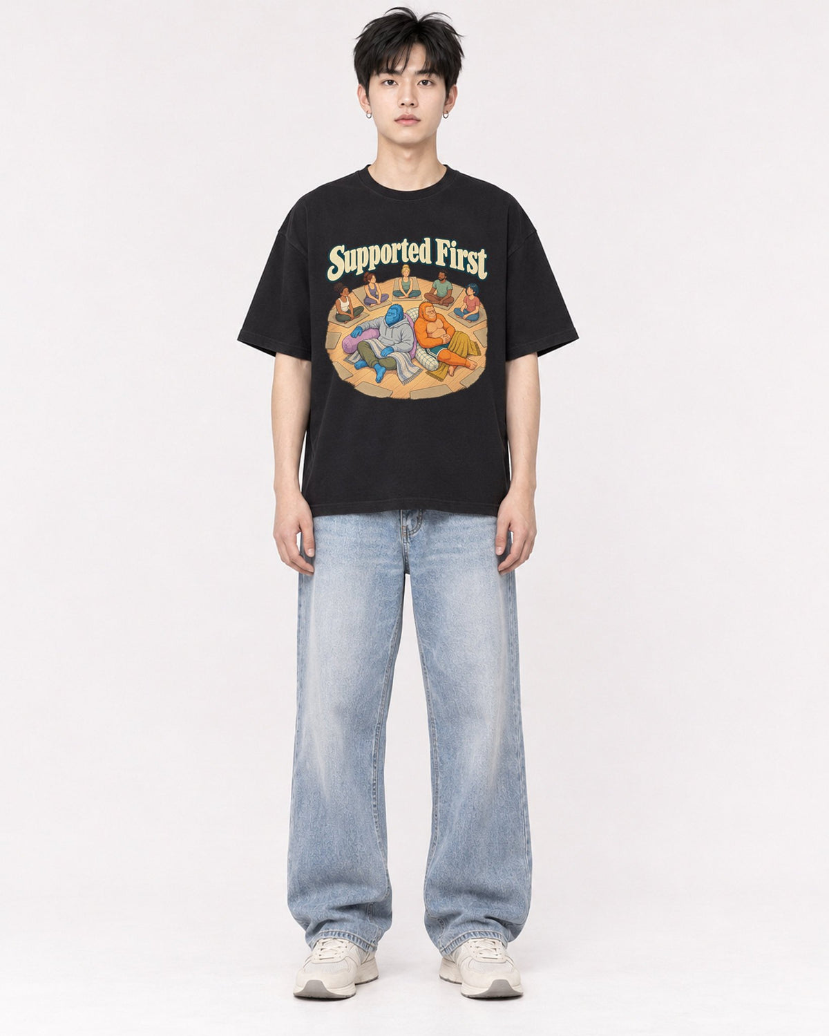 Mockup Boxy Heavyweight Tee Black male full-body 01