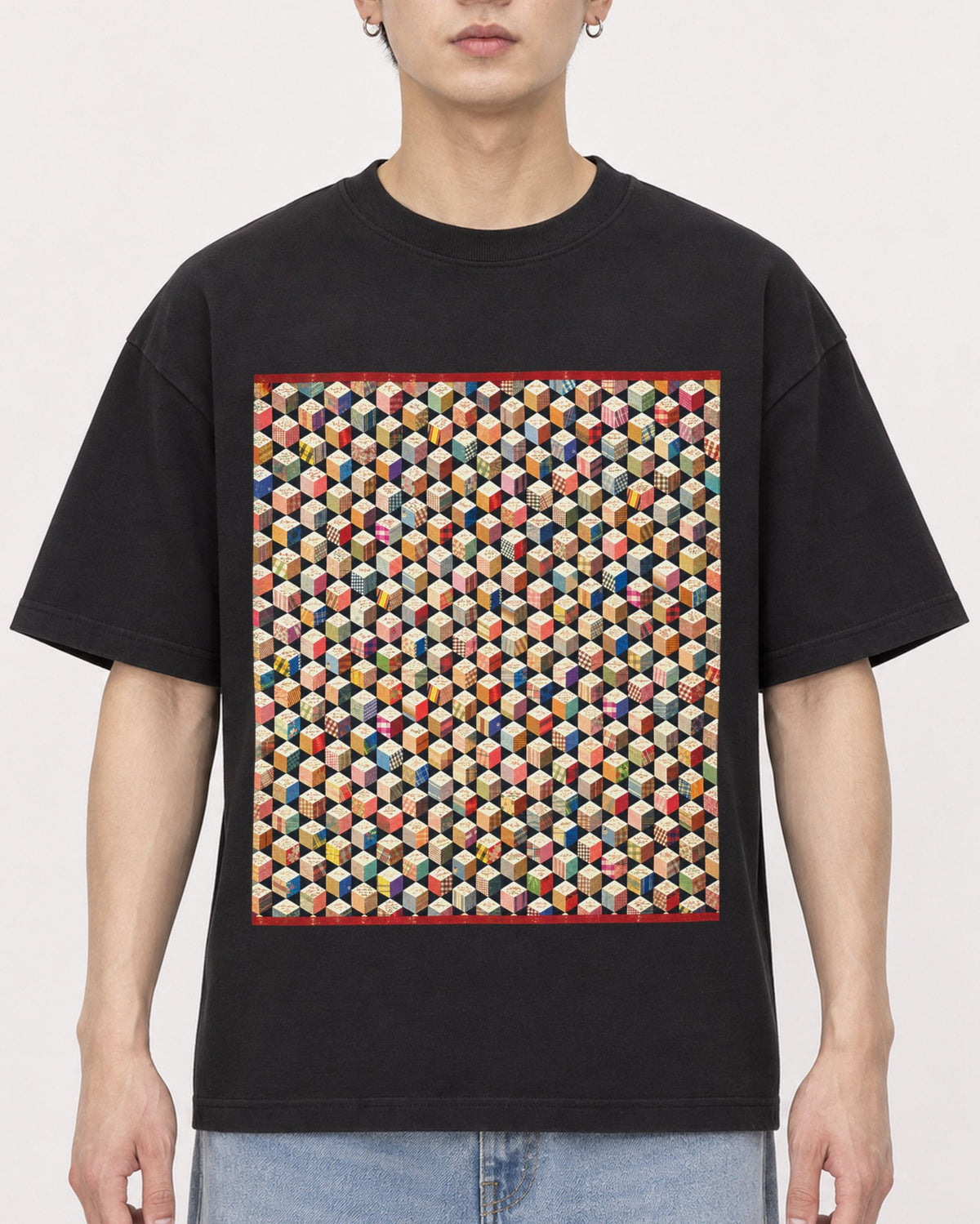 Mockup Boxy Heavyweight Tee Black male close-up 01