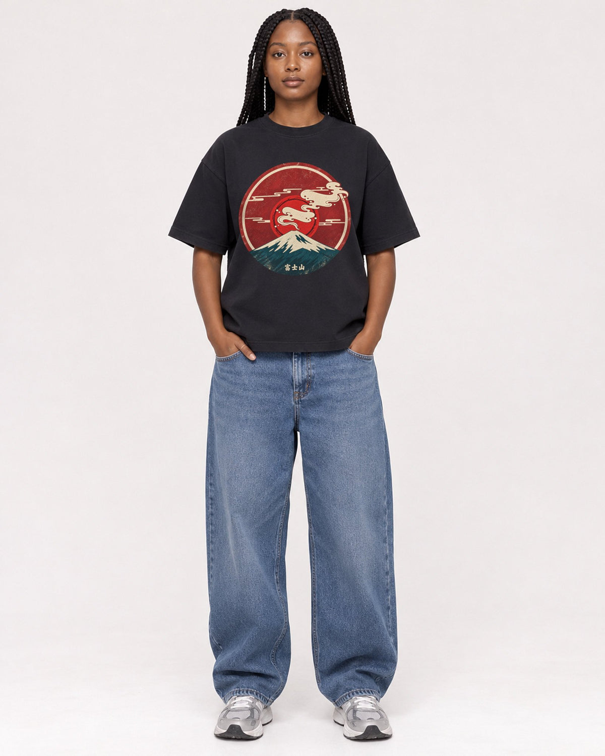 Mockup Boxy Heavyweight Tee Black female full-body 04