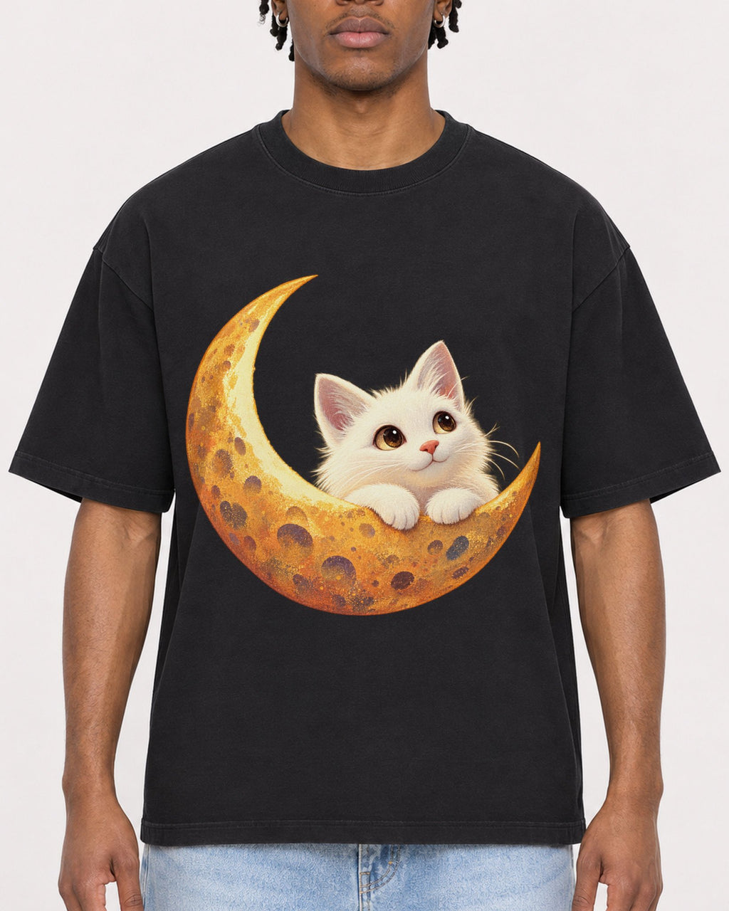 Mockup Boxy Heavyweight Tee Black male close-up 05