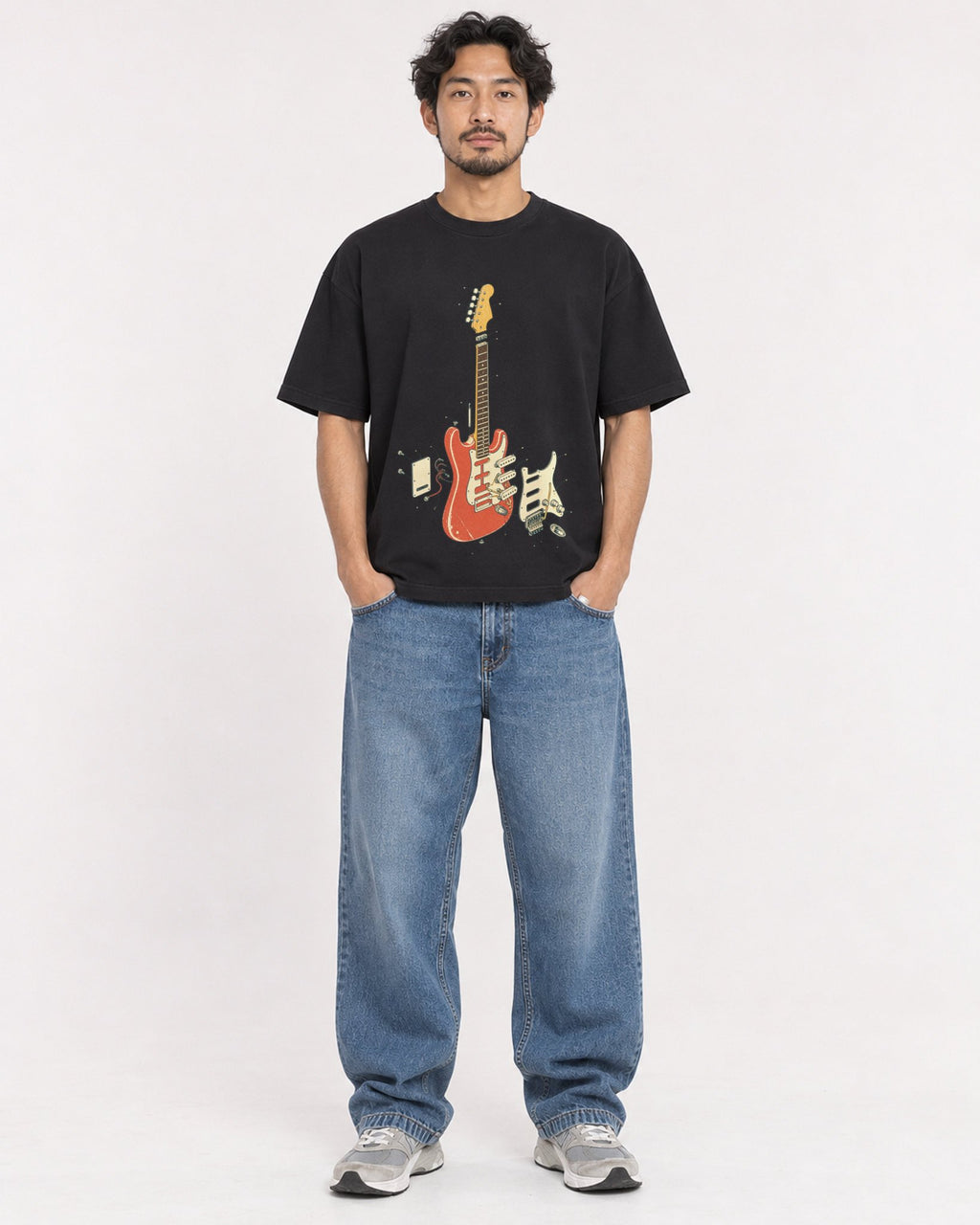 Mockup Boxy Heavyweight Tee Black male full-body 02