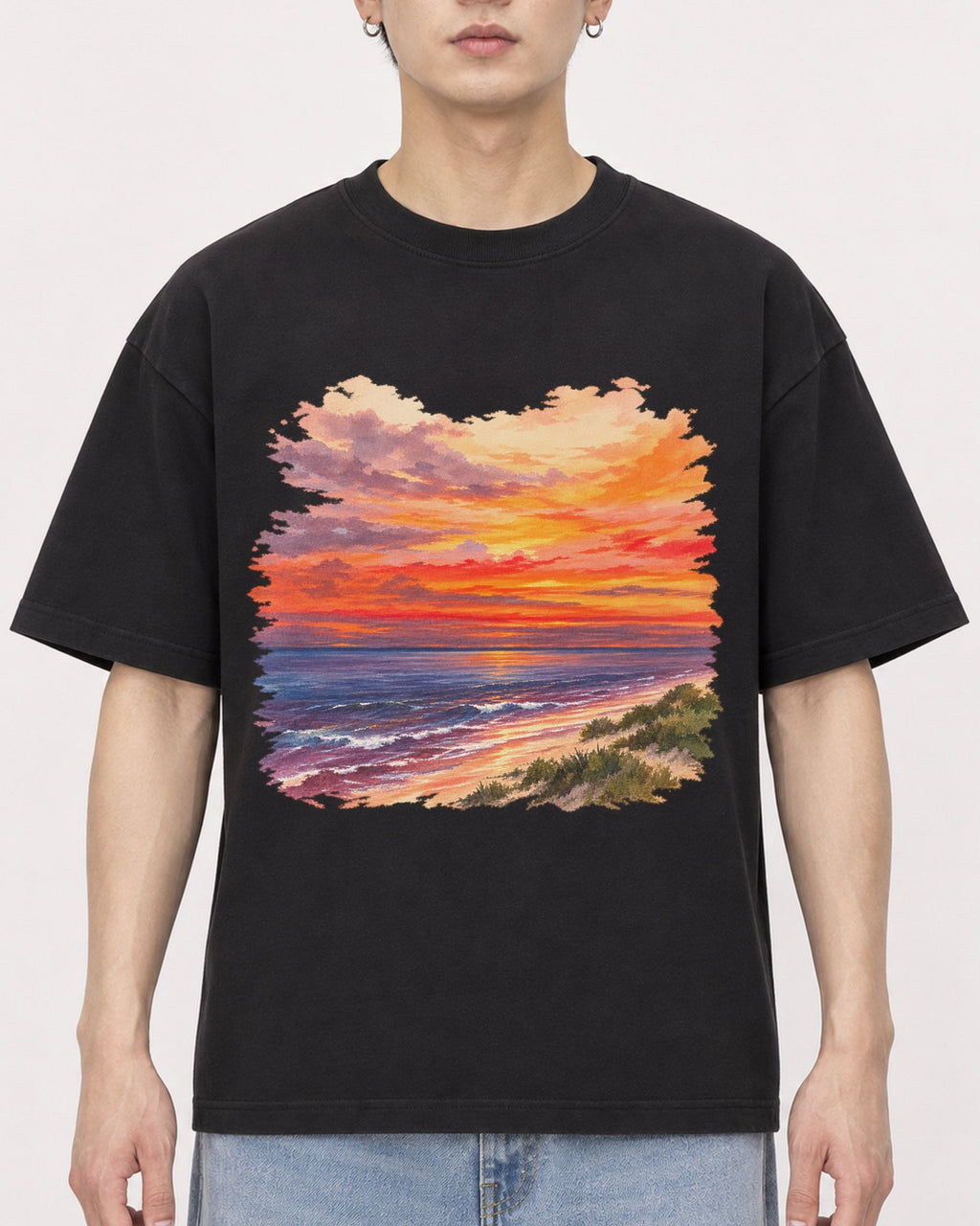 Mockup Boxy Heavyweight Tee Black male close-up 01