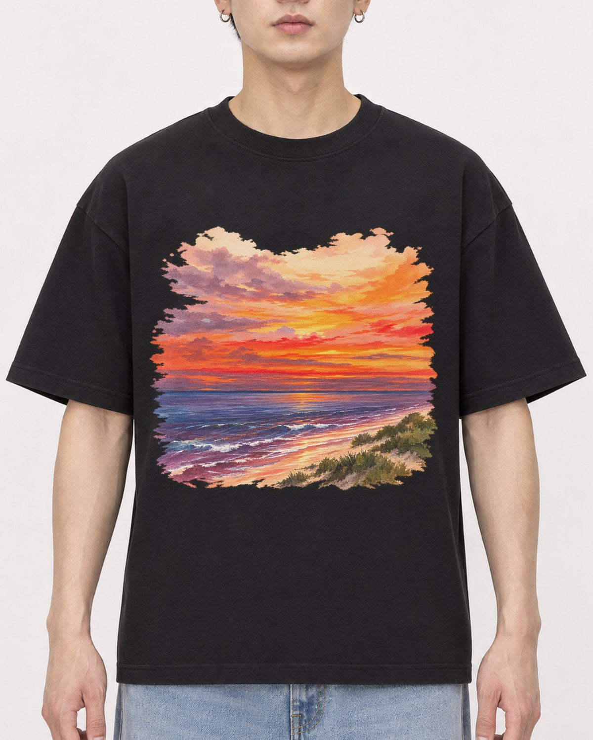 Mockup Boxy Heavyweight Tee Black male close-up 01