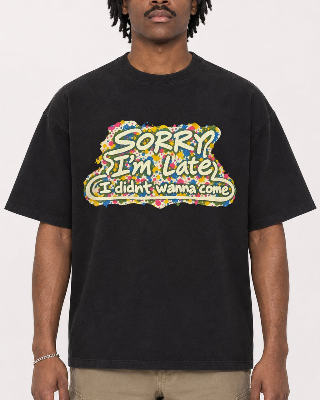 Mockup Boxy Heavyweight Tee Black male close-up 04