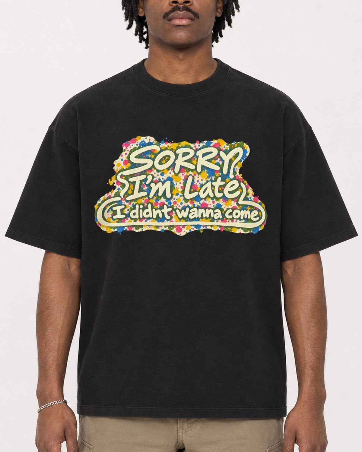 Mockup Boxy Heavyweight Tee Black male close-up 04