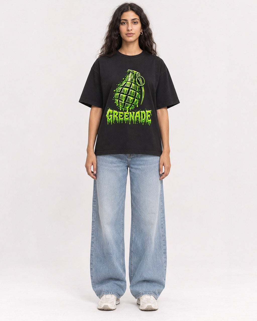 Mockup Boxy Heavyweight Tee Black female full-body 07