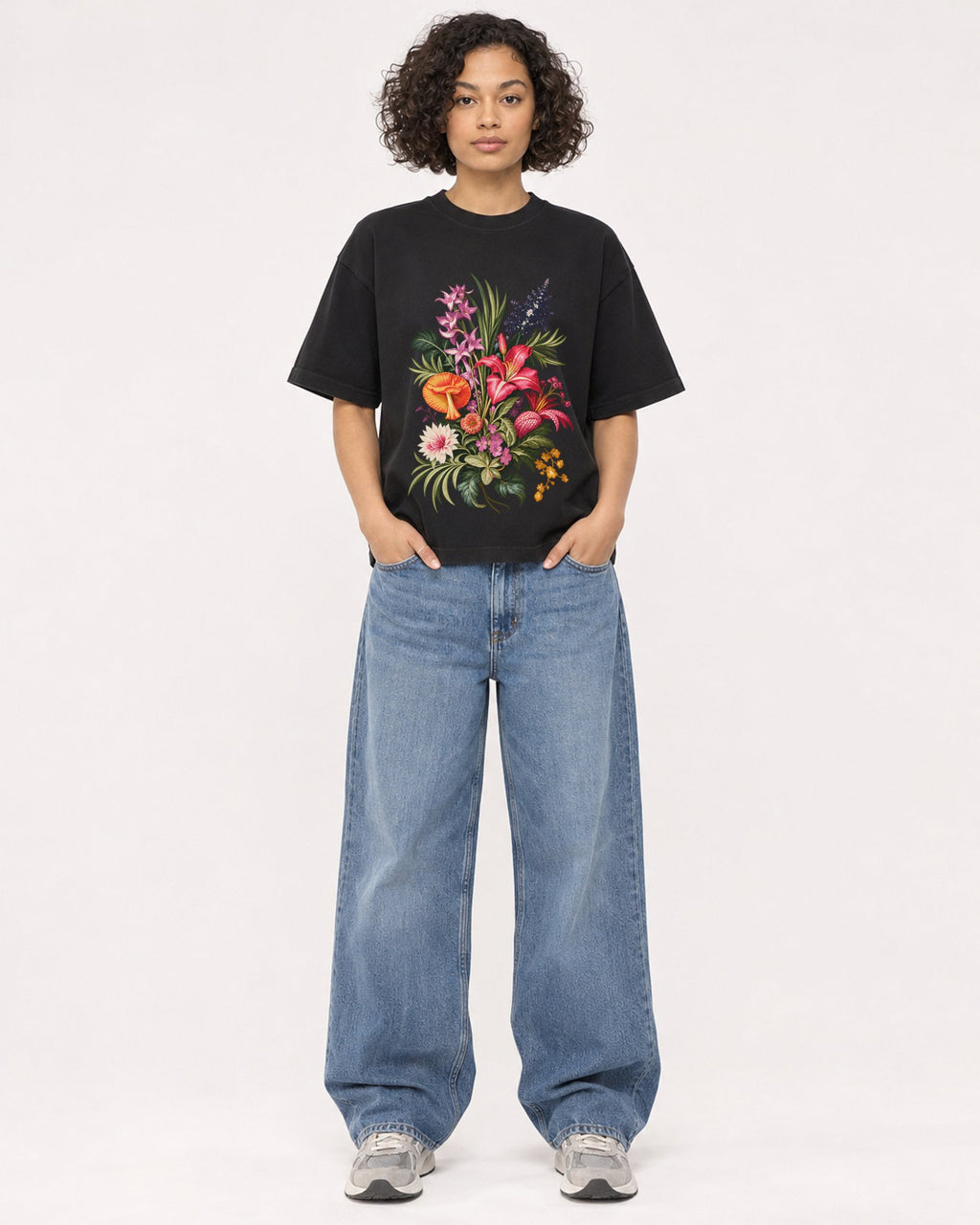 Mockup Boxy Heavyweight Tee Black female full-body 40