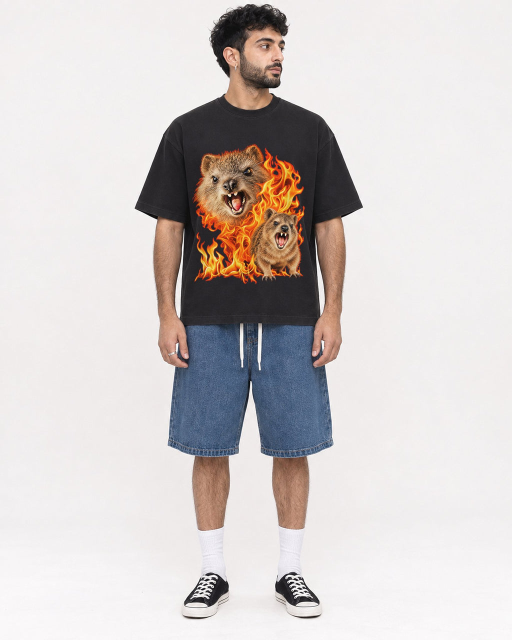 Mockup Boxy Heavyweight Tee Black male full-body 07