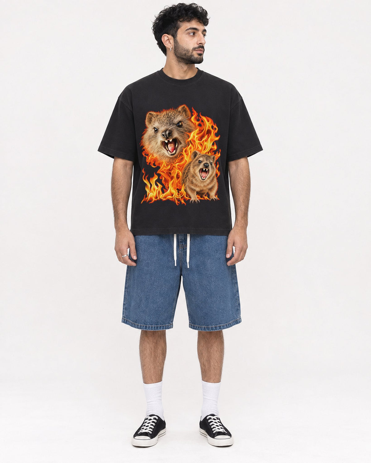 Mockup Boxy Heavyweight Tee Black male full-body 07