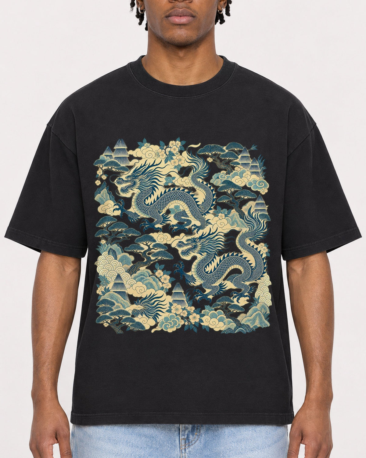 Mockup Boxy Heavyweight Tee Black male close-up 05