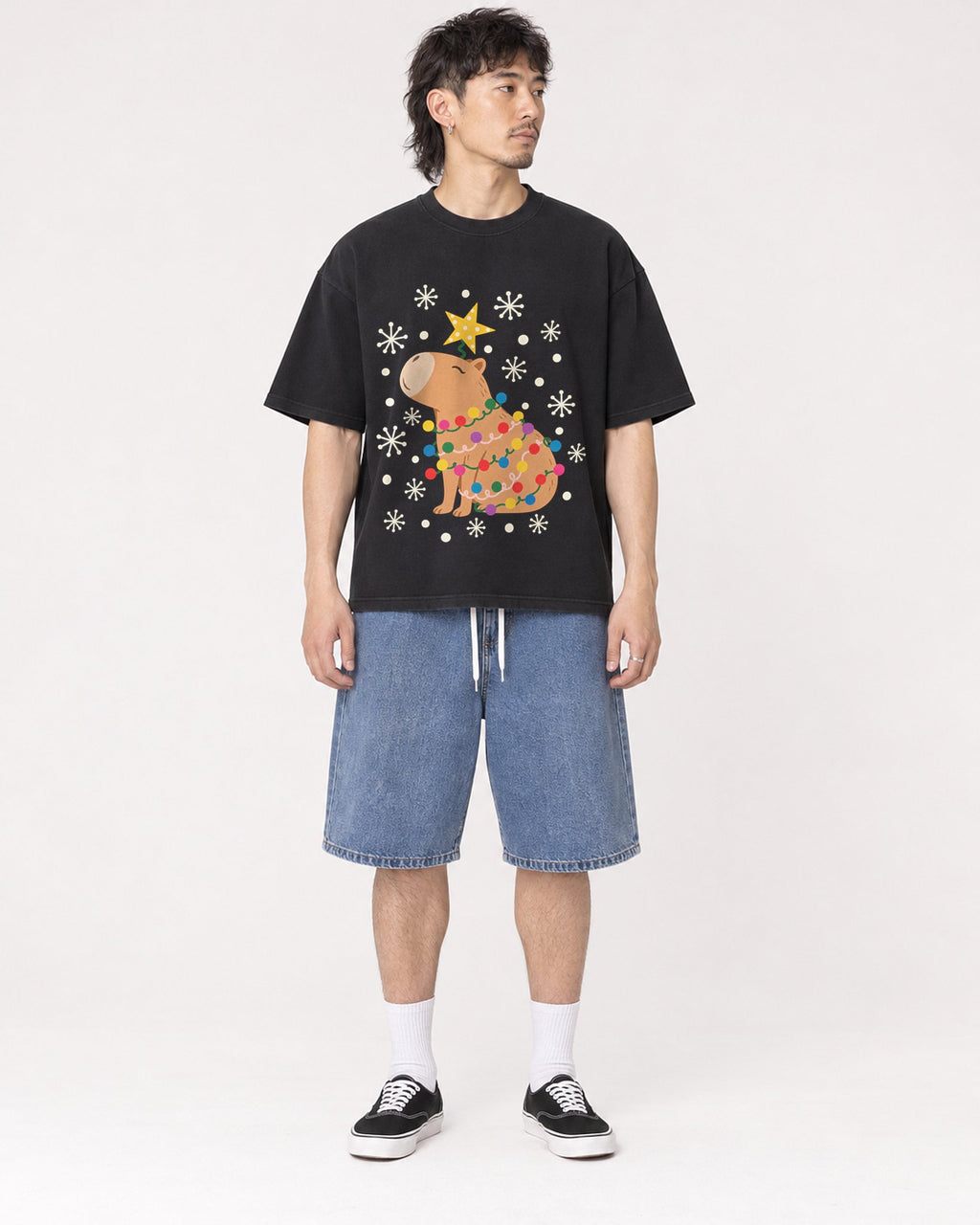Mockup Boxy Heavyweight Tee Black male full-body 23