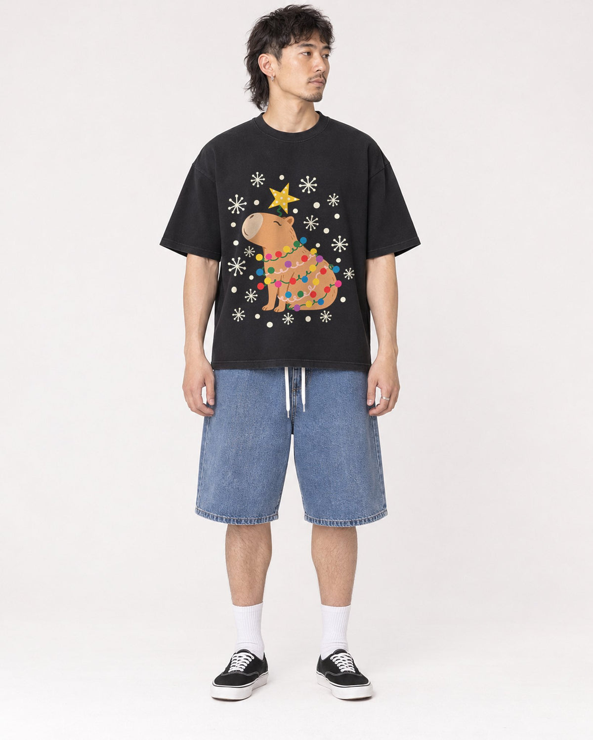 Mockup Boxy Heavyweight Tee Black male full-body 23