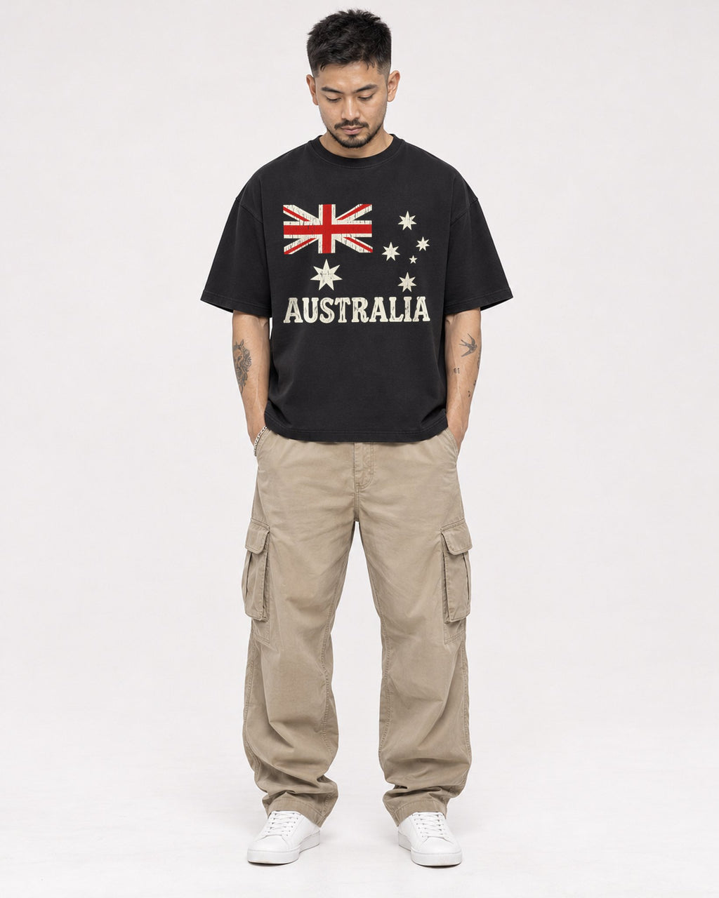 Mockup Boxy Heavyweight Tee Black male full-body 12