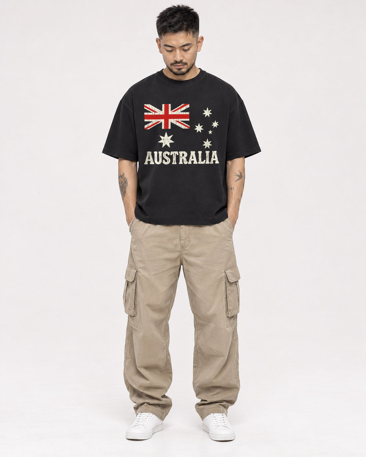 Mockup Boxy Heavyweight Tee Black male full-body 12