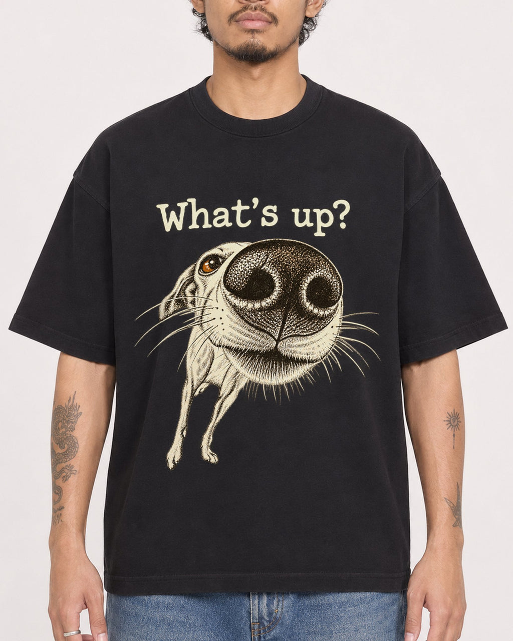 Mockup Boxy Heavyweight Tee Black male close-up 42