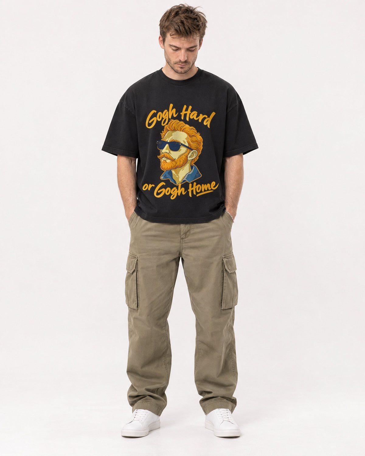 Mockup Boxy Heavyweight Tee Black male full-body 08