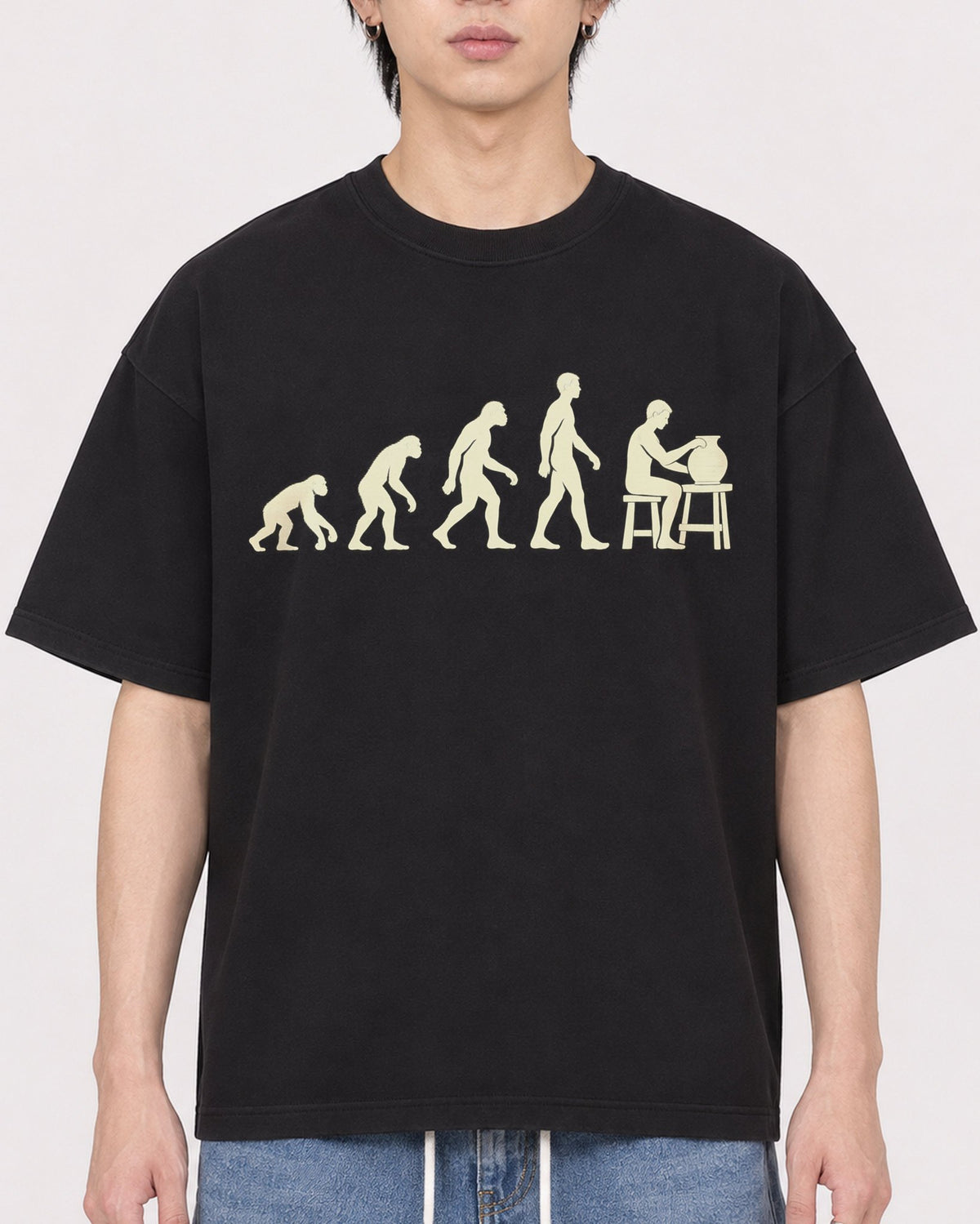 Mockup Boxy Heavyweight Tee Black male close-up 11