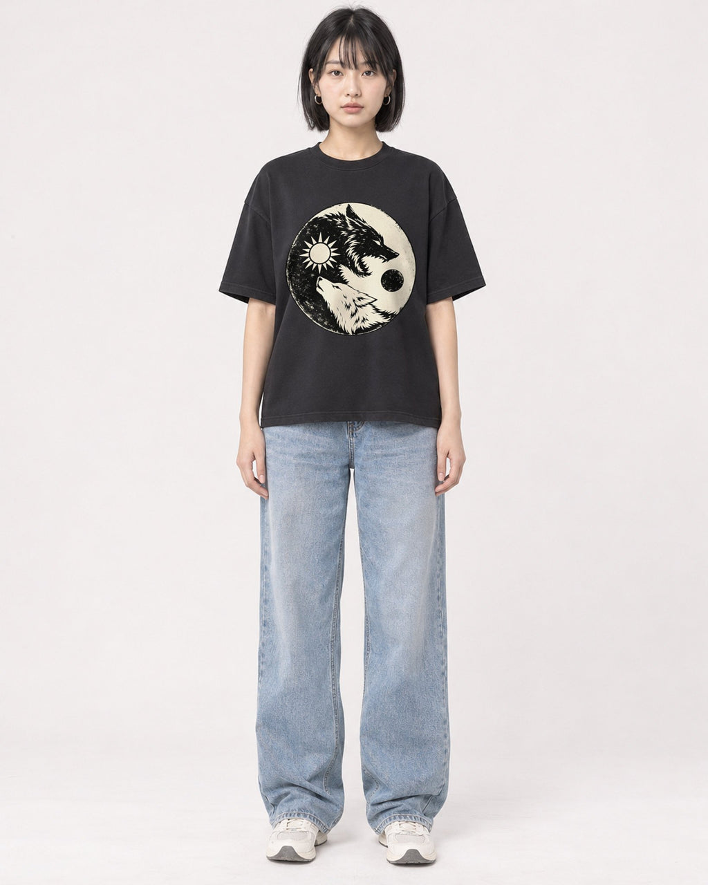 Mockup Boxy Heavyweight Tee Black female full-body 11