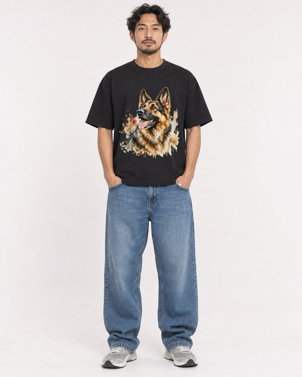 Mockup Boxy Heavyweight Tee Black male full-body 02