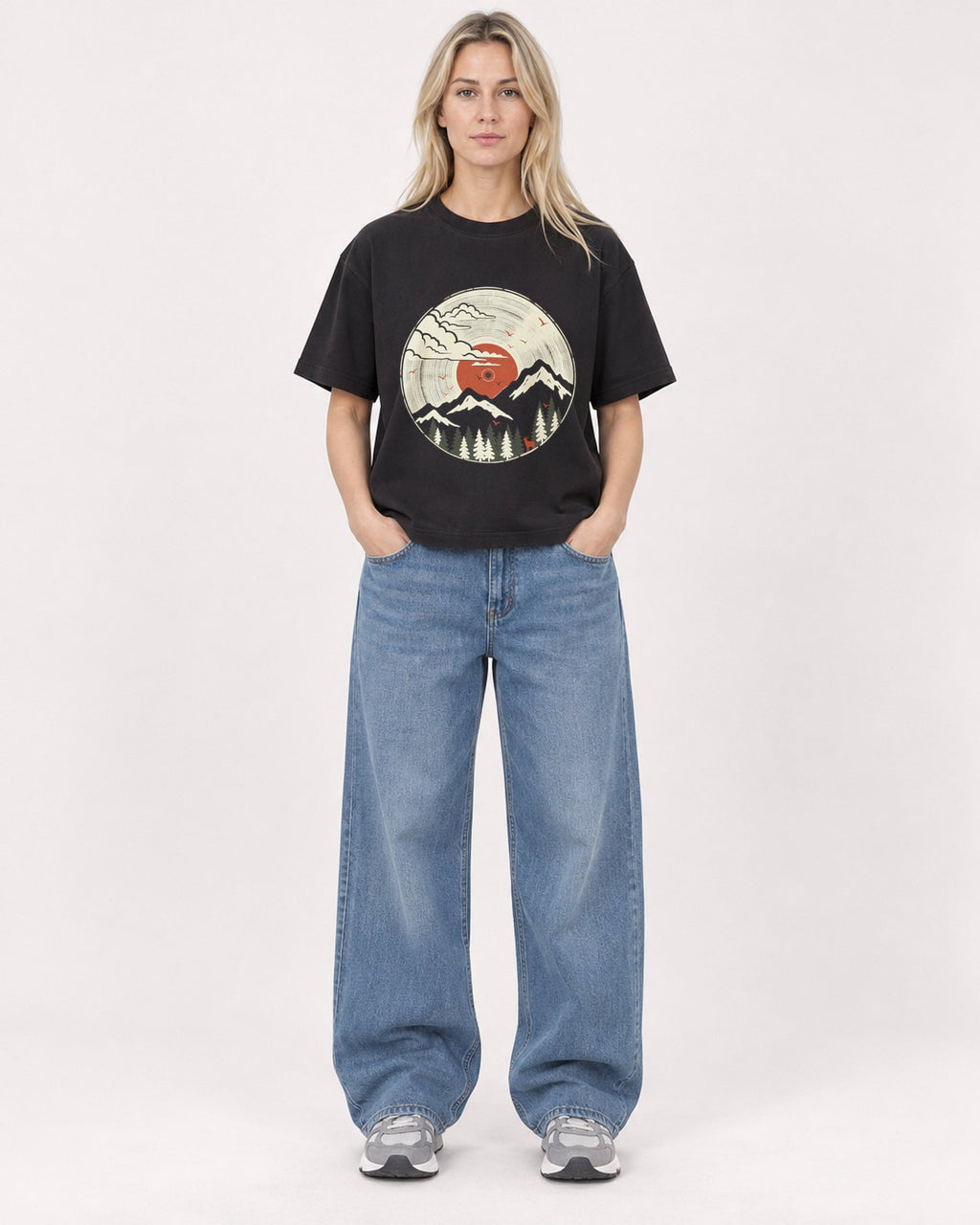 Mockup Boxy Heavyweight Tee Black female full-body 08
