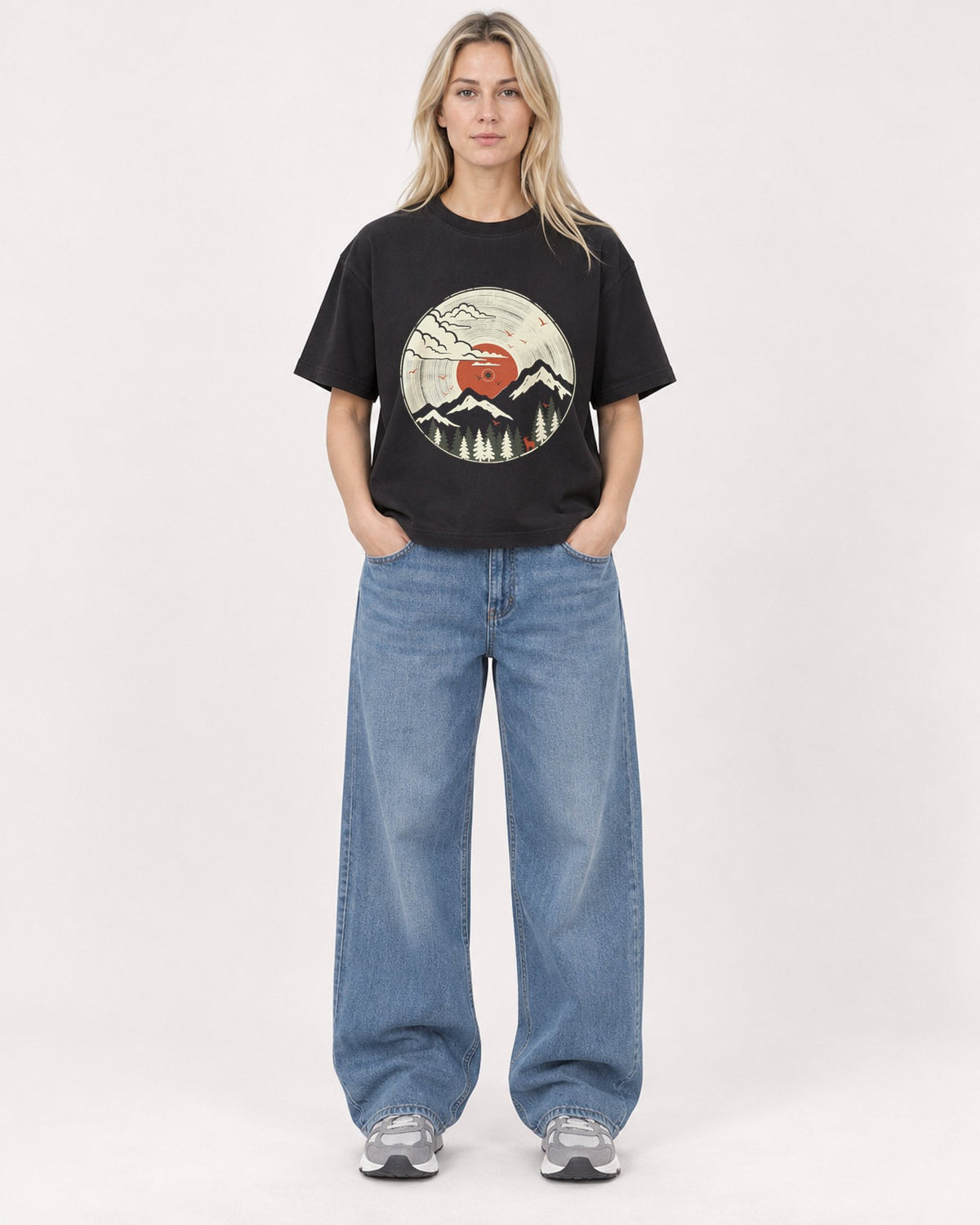 Mockup Boxy Heavyweight Tee Black female full-body 08