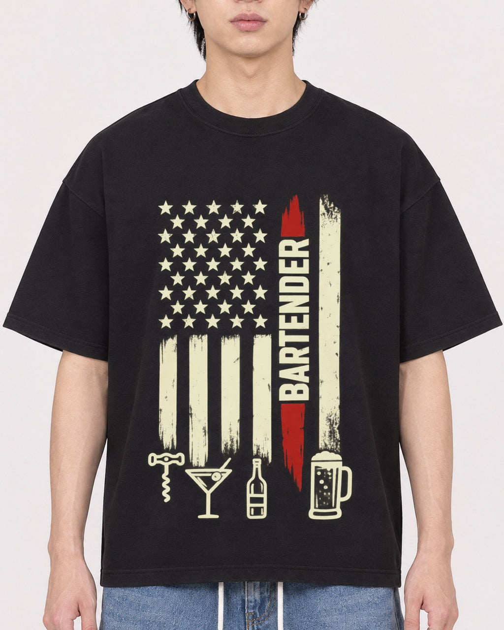 Mockup Boxy Heavyweight Tee Black male close-up 11