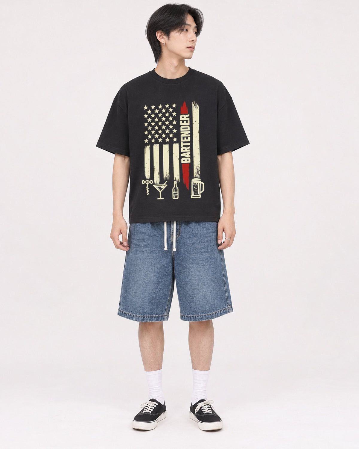Mockup Boxy Heavyweight Tee Black male full-body 11