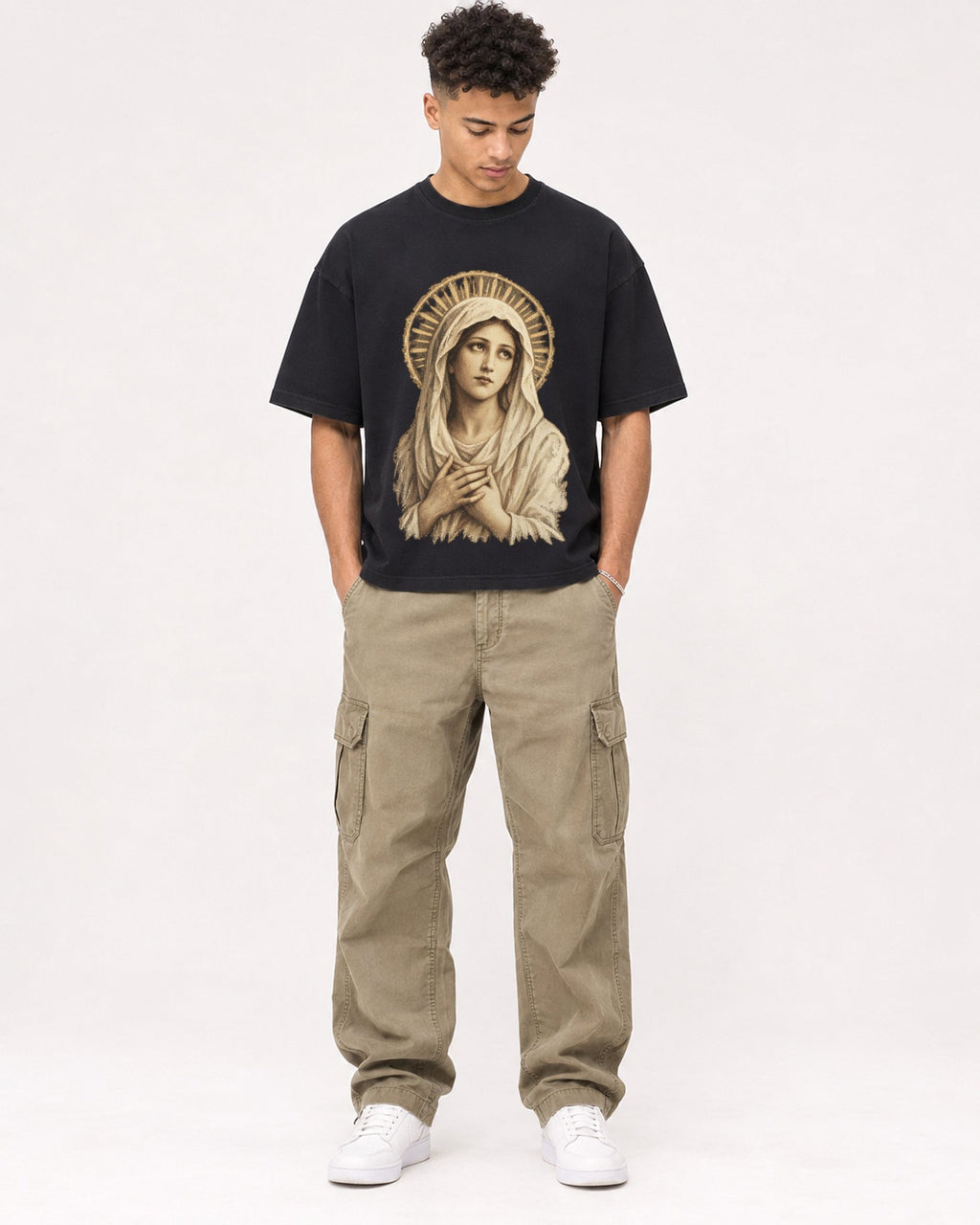 Mockup Boxy Heavyweight Tee Black male full-body 20