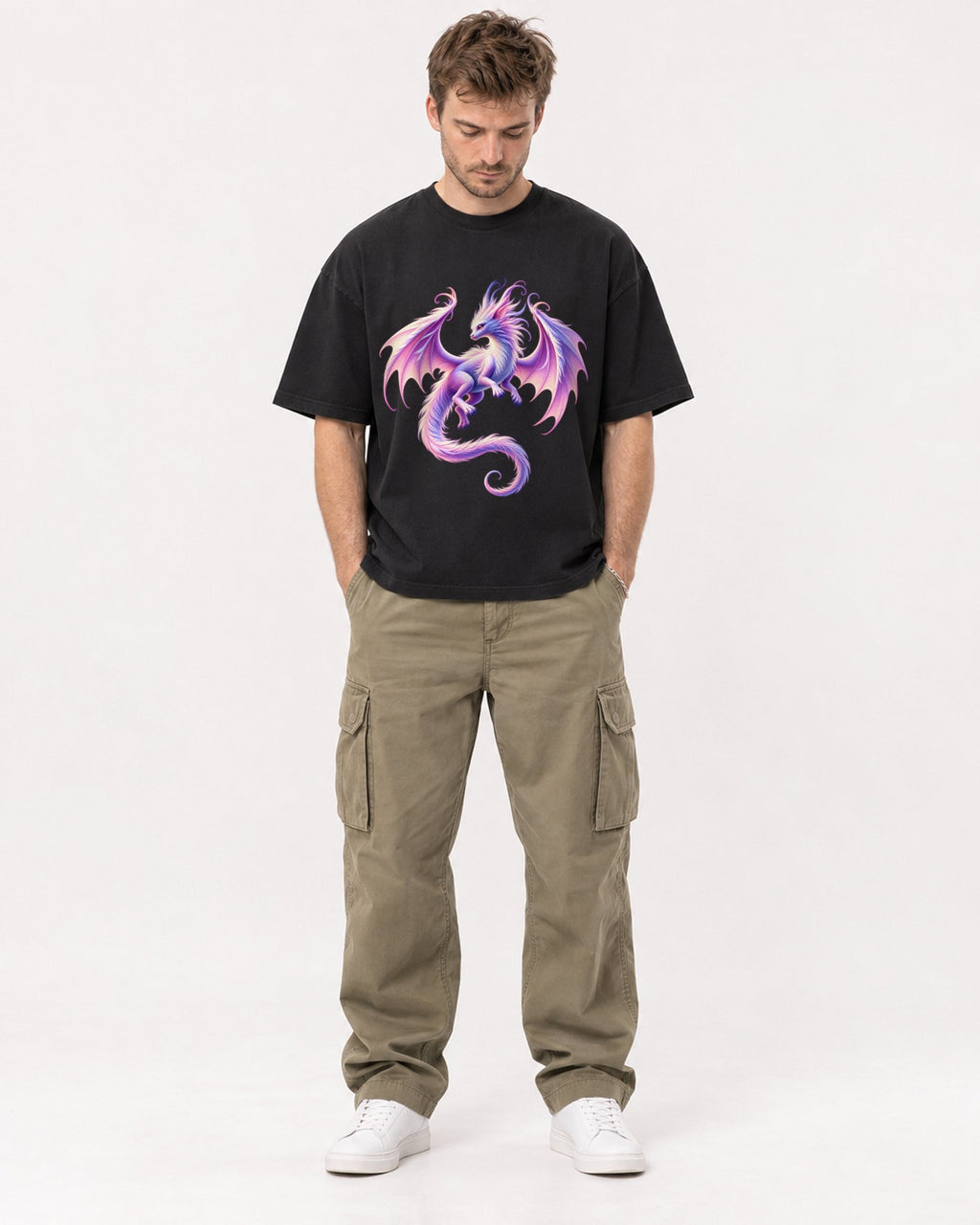 Mockup Boxy Heavyweight Tee Black male full-body 08