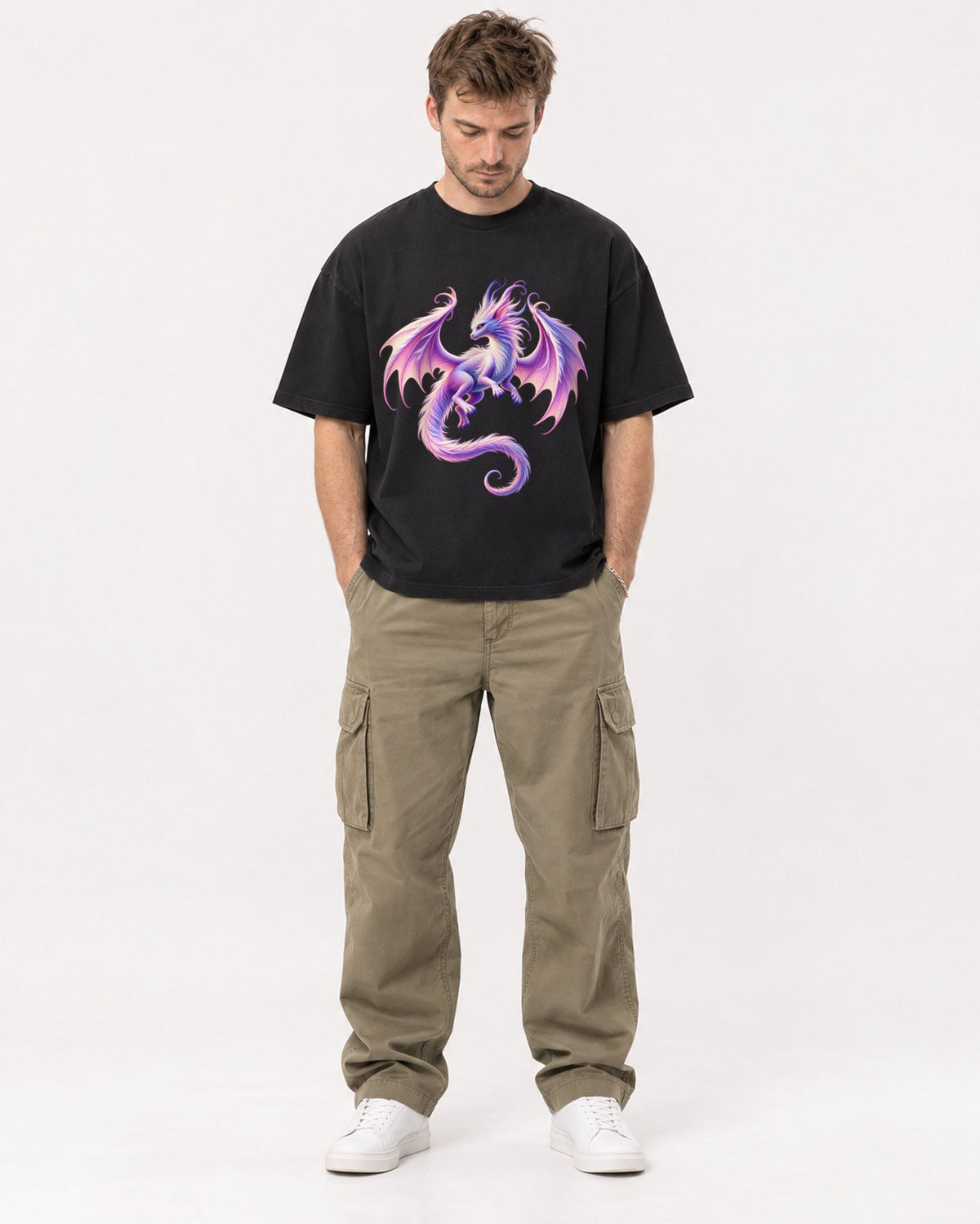 Mockup Boxy Heavyweight Tee Black male full-body 08