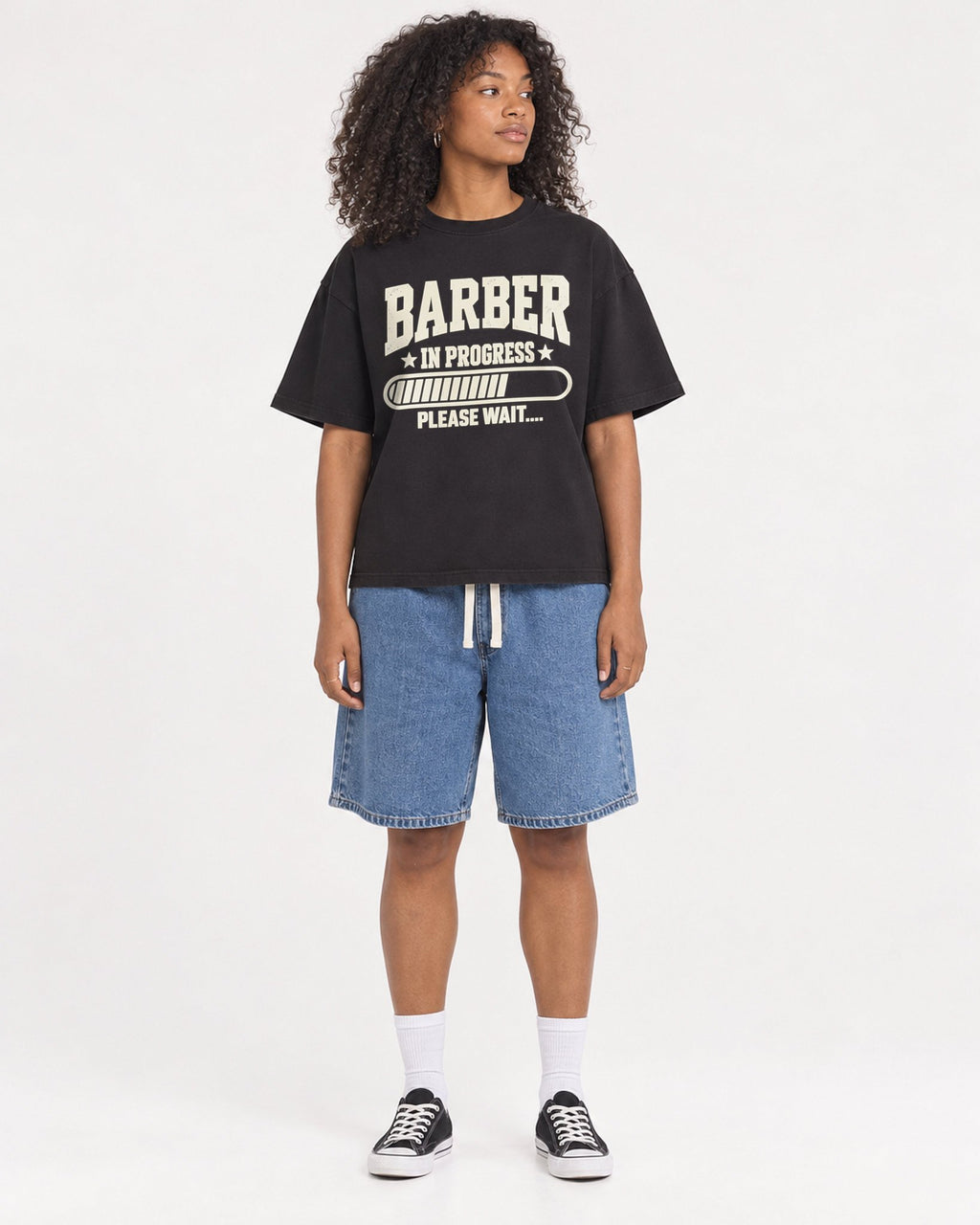 Mockup Boxy Heavyweight Tee Black female full-body 05