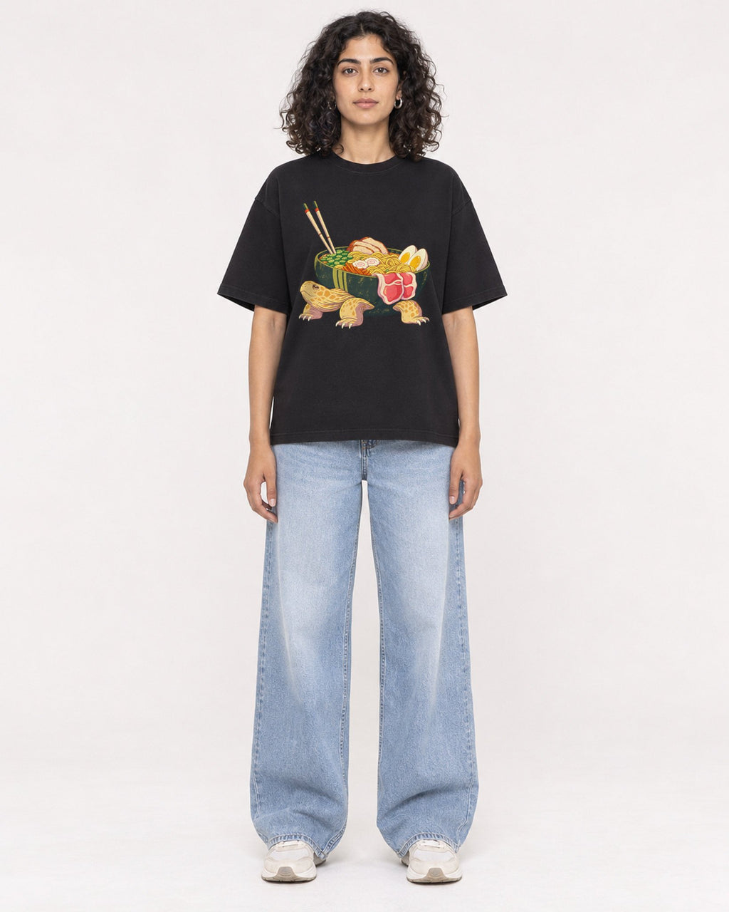 Mockup Boxy Heavyweight Tee Black female full-body 27