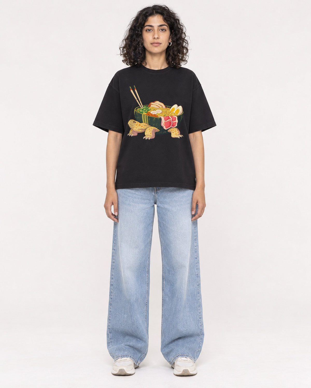 Mockup Boxy Heavyweight Tee Black female full-body 27