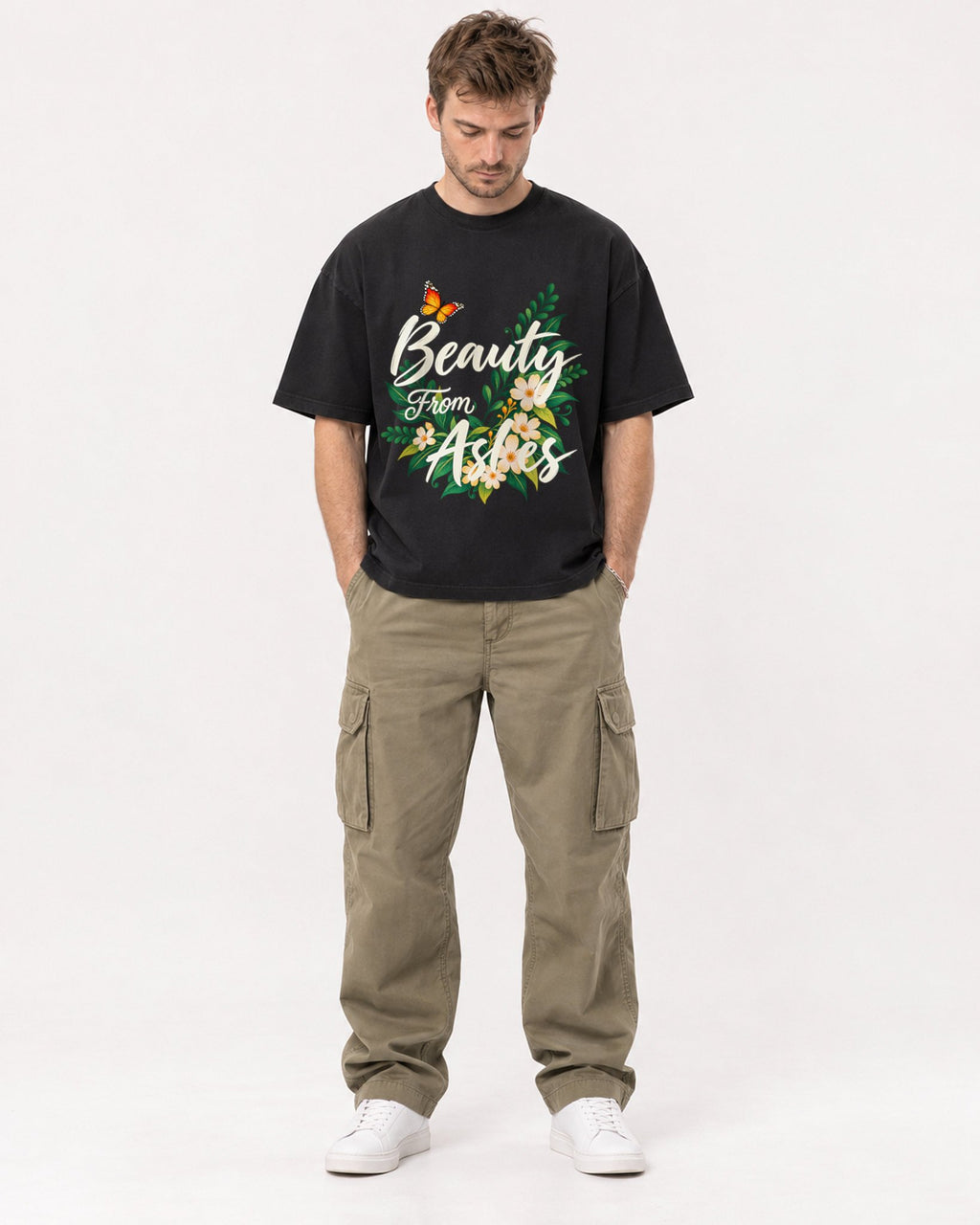 Mockup Boxy Heavyweight Tee Black male full-body 08