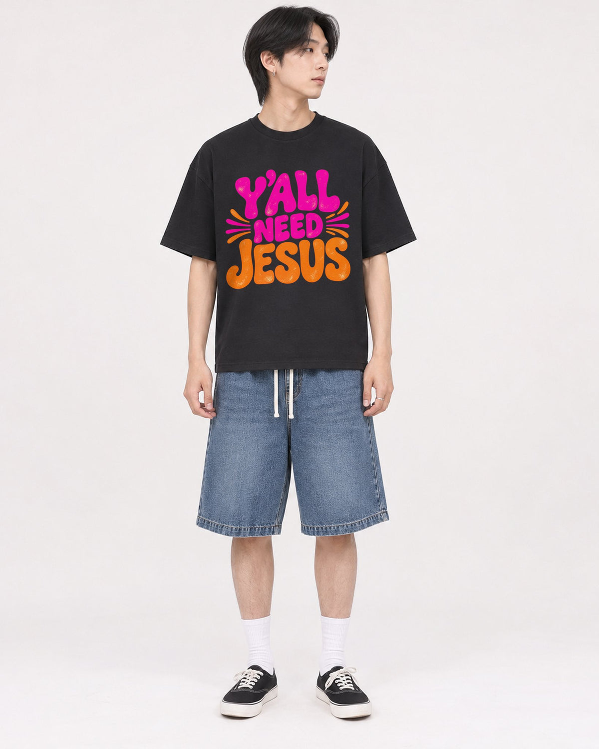Mockup Boxy Heavyweight Tee Black male full-body 11