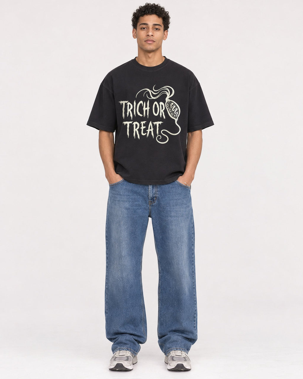 Mockup Boxy Heavyweight Tee Black male full-body 10