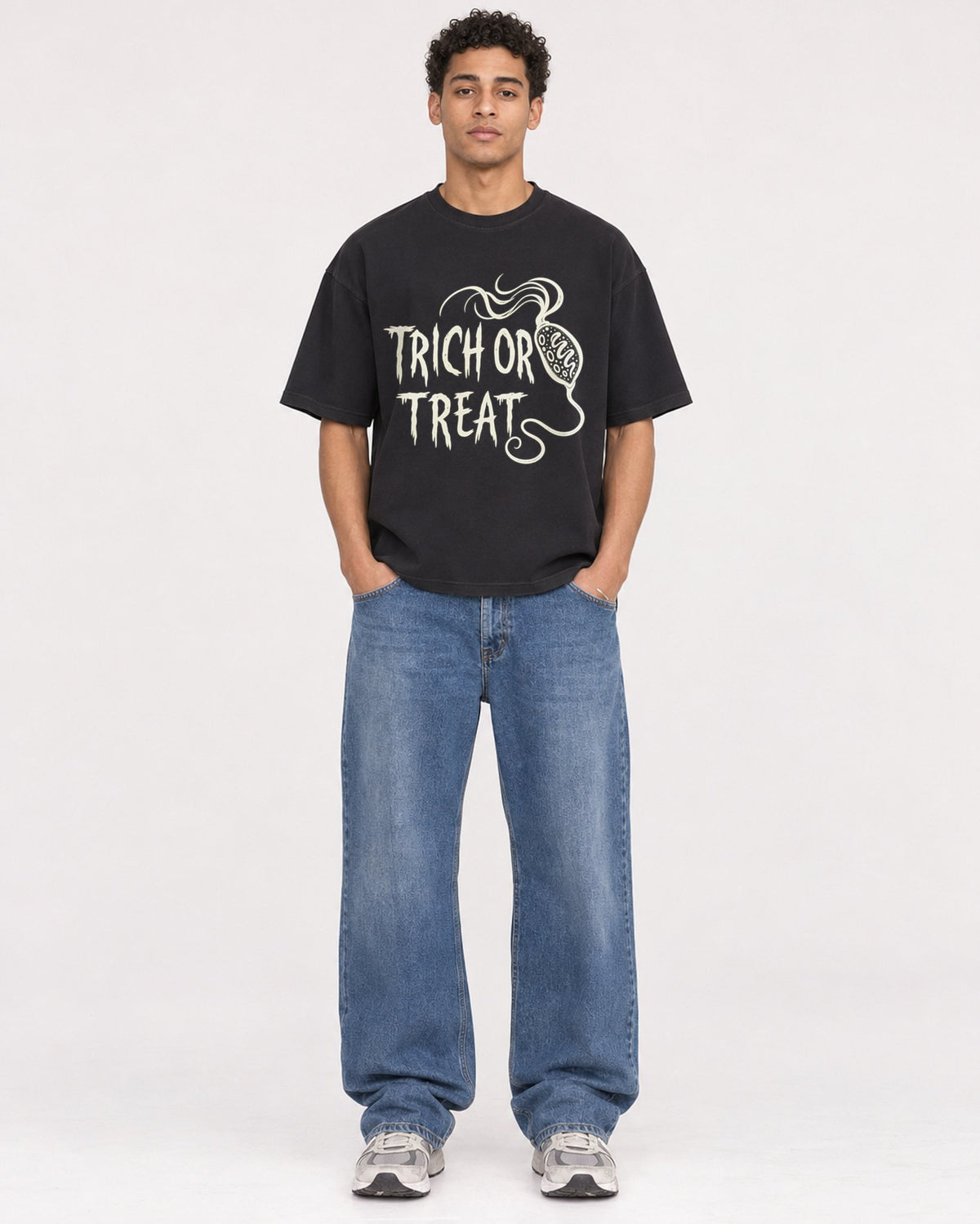 Mockup Boxy Heavyweight Tee Black male full-body 10
