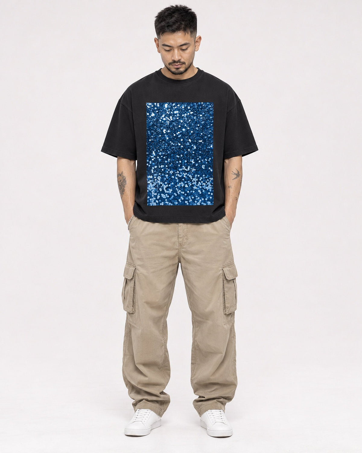 Mockup Boxy Heavyweight Tee Black male full-body 12