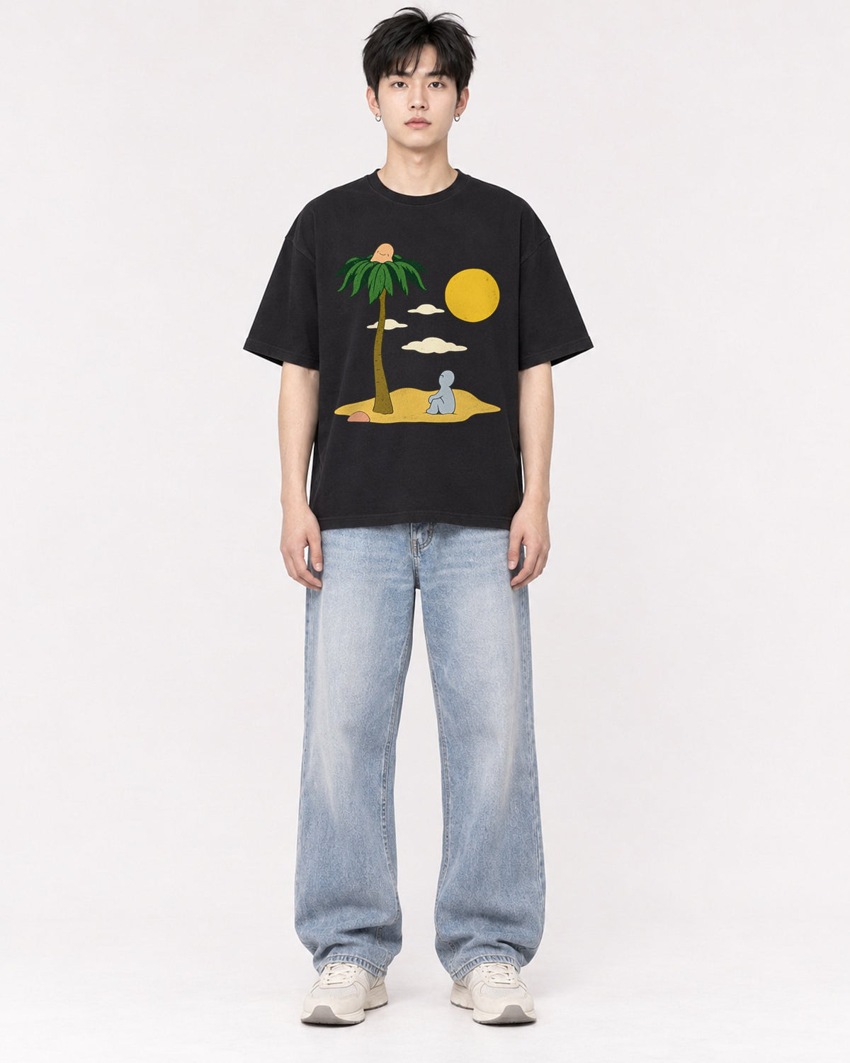 Mockup Boxy Heavyweight Tee Black male full-body 01