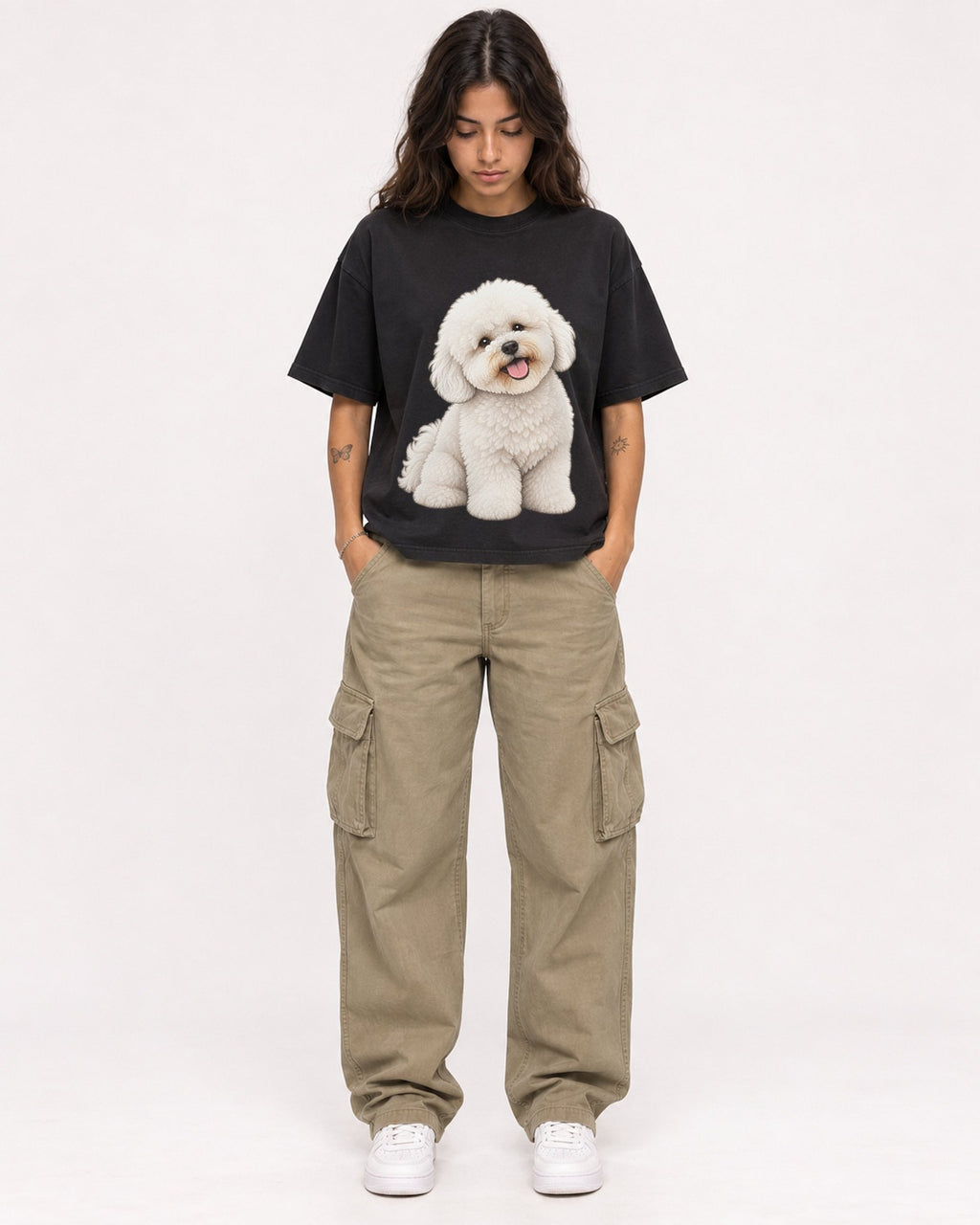 Mockup Boxy Heavyweight Tee Black female full-body 06