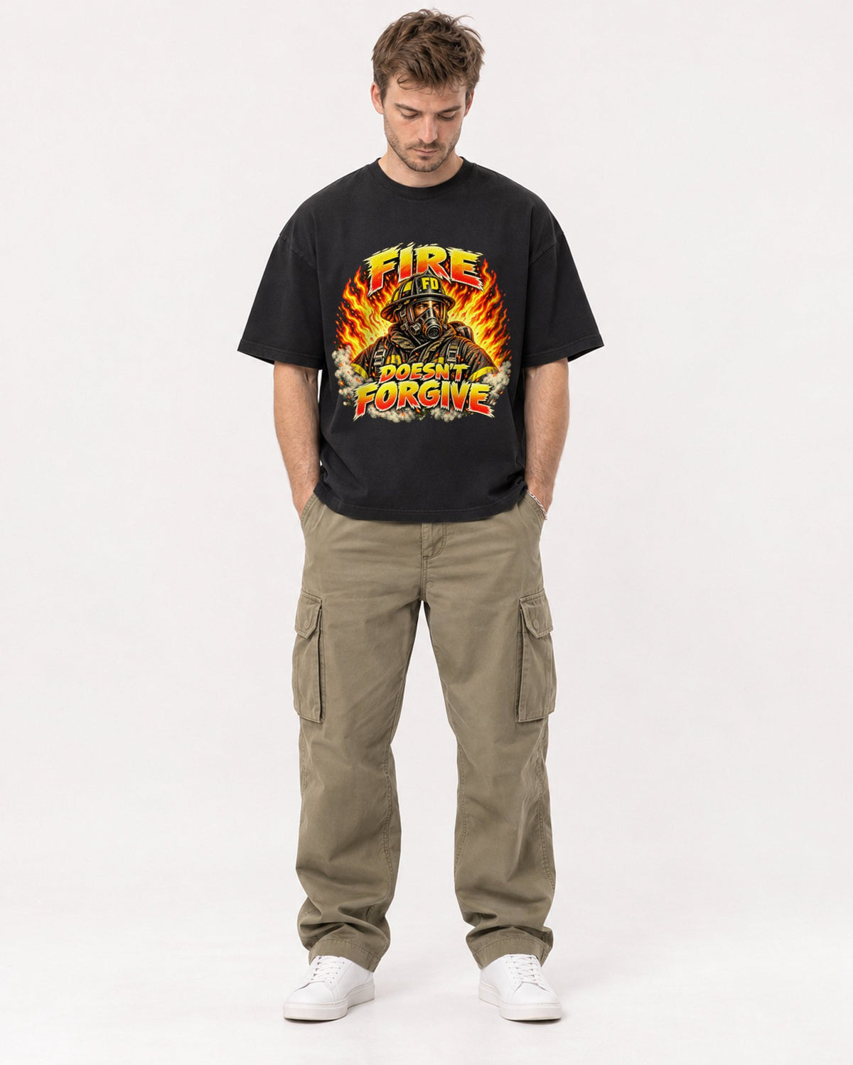 Mockup Boxy Heavyweight Tee Black male full-body 08