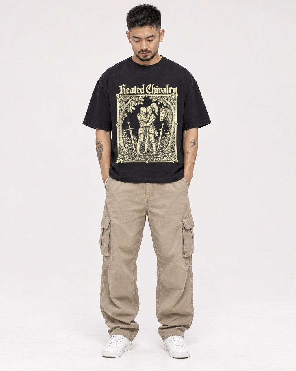Mockup Boxy Heavyweight Tee Black male full-body 12