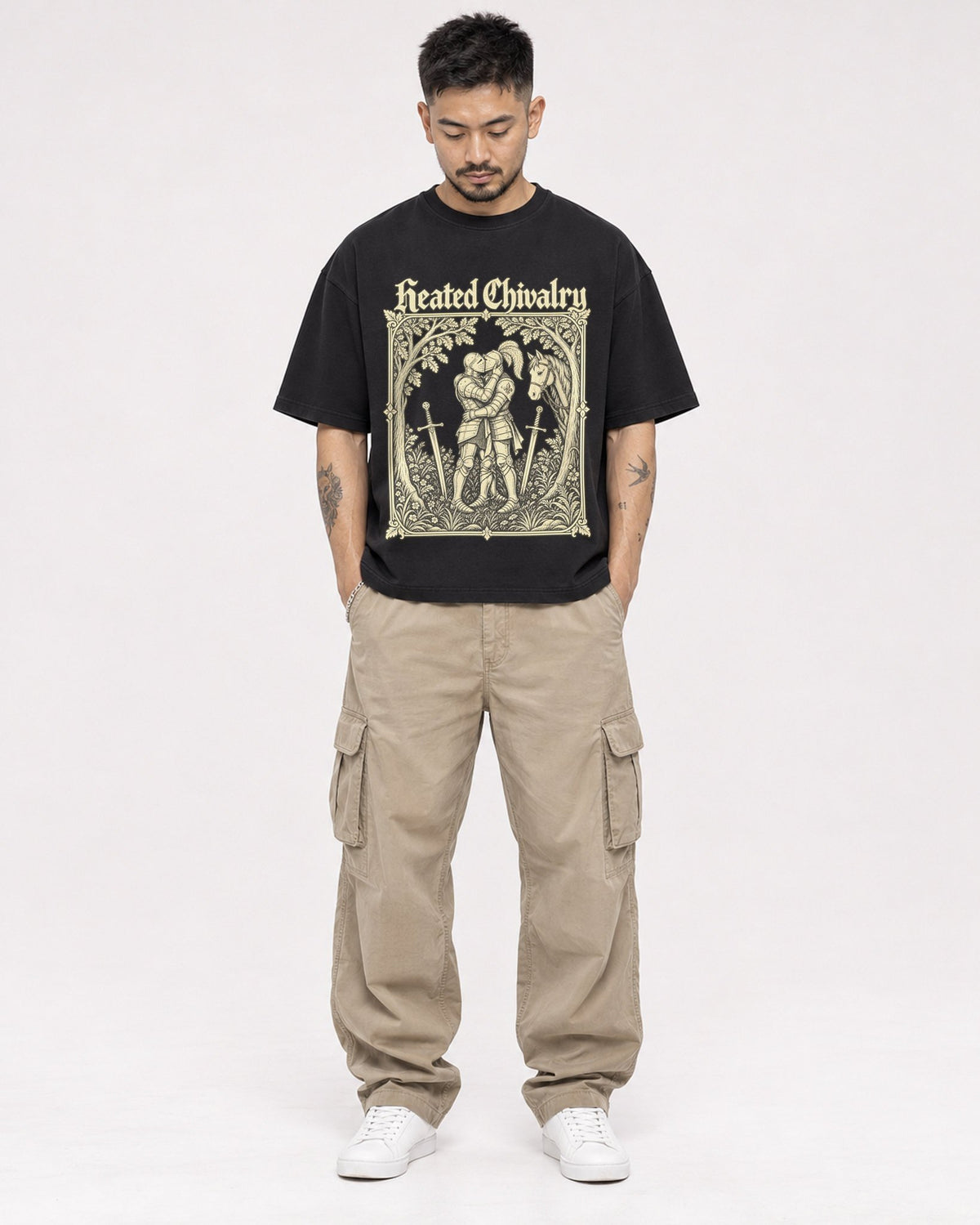 Mockup Boxy Heavyweight Tee Black male full-body 12