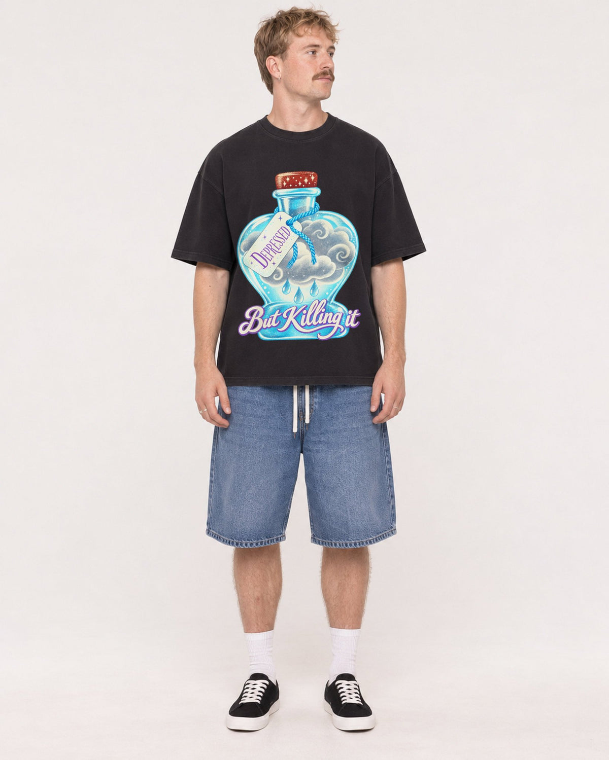 Mockup Boxy Heavyweight Tee Black male full-body 19