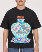 Mockup Boxy Heavyweight Tee Black male close-up 19
