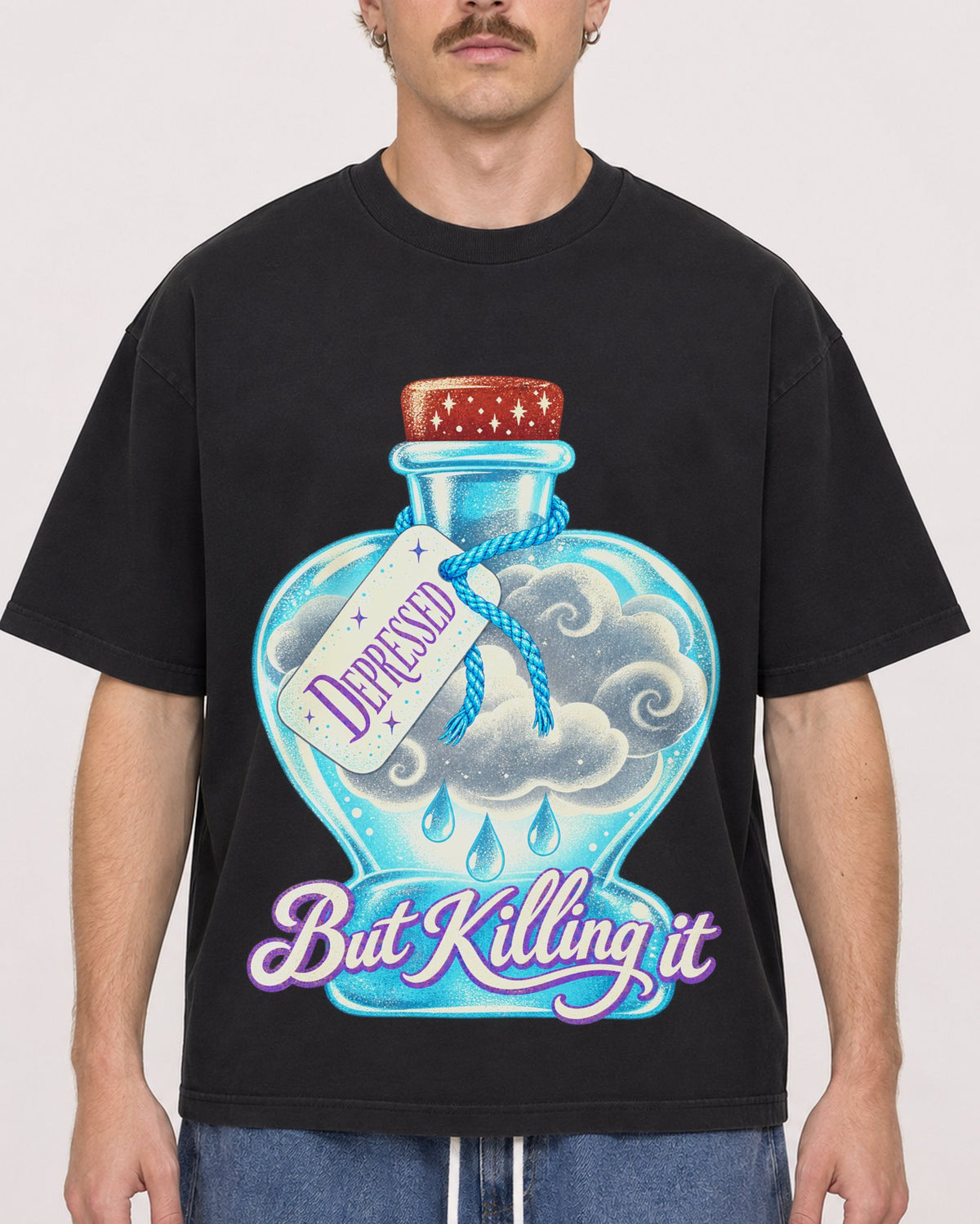 Mockup Boxy Heavyweight Tee Black male close-up 19